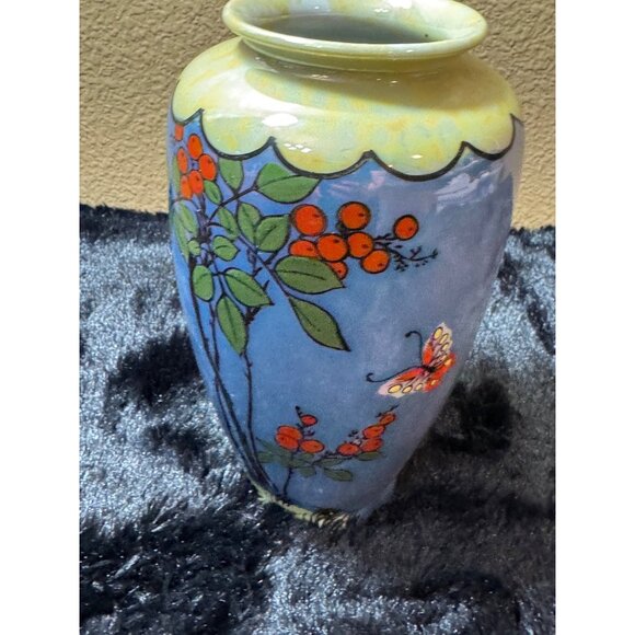 Hand-Painted Japanese Ceramic Vase With Floral & Butterfly Design - Picture 1 of 8